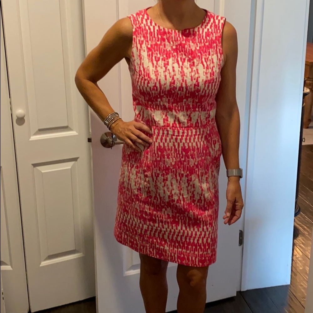Pink and tan printed dress with exposed zipper